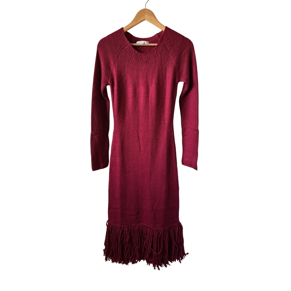 Marina‎ Moscone Red Knit Sweater Dress Fringe Trim Long Sleeve Midi S - Picture 2 of 5